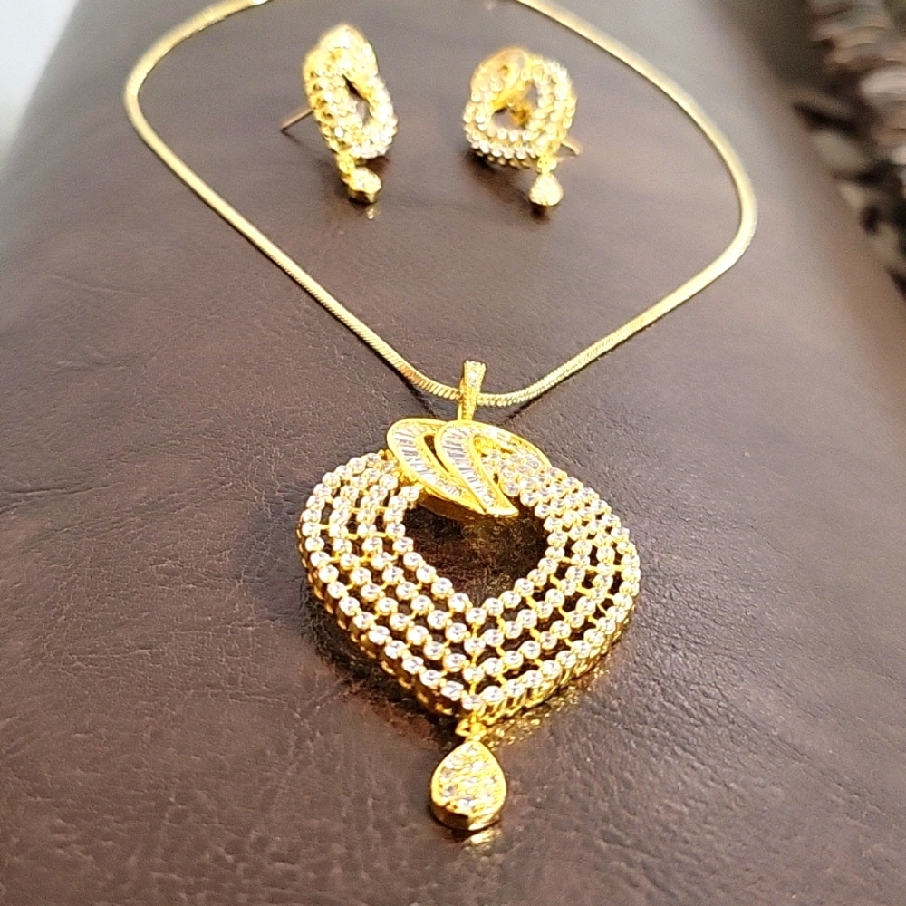 Heart Necklace Earrings | Gold Finish Cubic Zirconia Love Necklace set